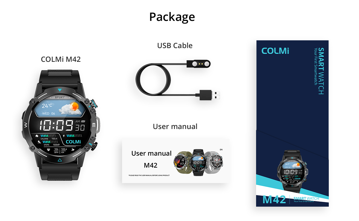 De Colmi M42 smartwatch wordt geleverd inclusief horloge, oplaadkabel en accessoires, met een slank ontwerp, meer dan 100 sportmodi en een batterijduur van 10 dagen.