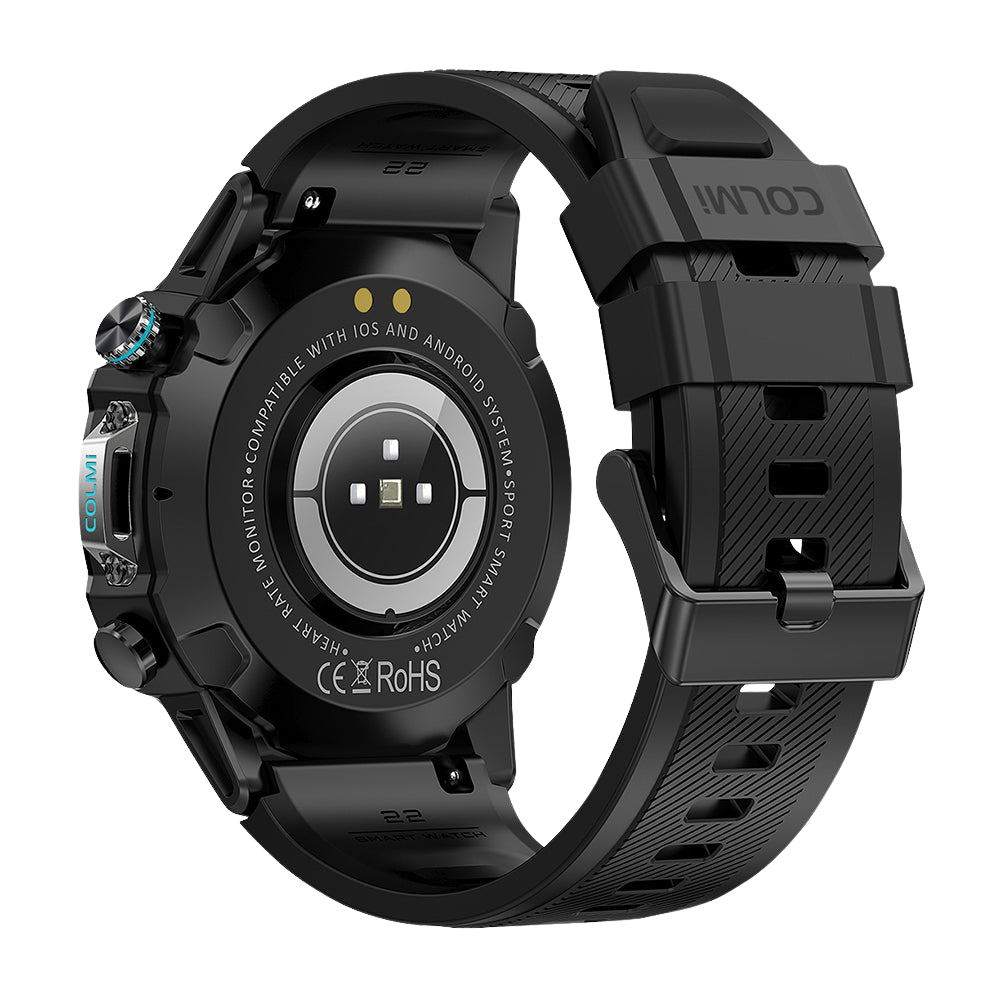 De zwarte Colmi M42 smartwatch, van achteren gezien, met een slank ontwerp, meer dan 100 sportmodi en een batterijduur van 10 dagen.