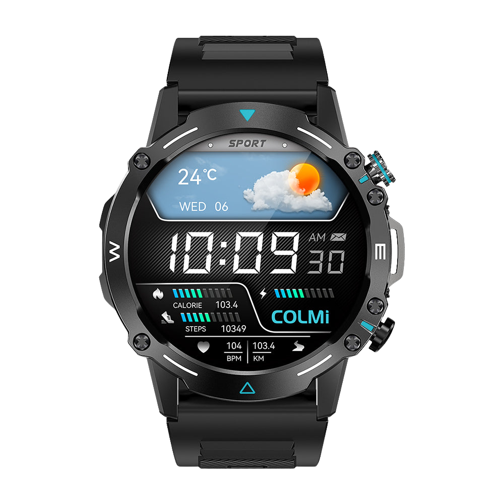 Zwarte Colmi M42 smartwatch met slank design, meer dan 100 sportmodi en een batterijduur van 10 dagen.