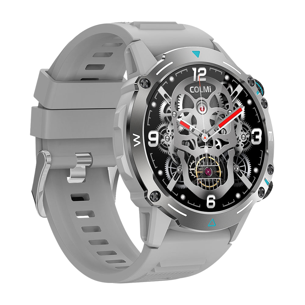 De zilverkleurige Colmi M42 smartwatch, van links gezien, benadrukt het slanke ontwerp, de meer dan 100 sportmodi en de batterijduur van 10 dagen.