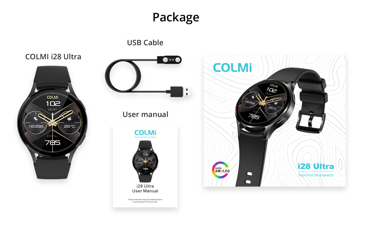 De Colmi i28 Ultra smartwatch wordt geleverd inclusief horloge, oplaadkabel en accessoires, met geavanceerde gezondheidsmonitoring, een batterijduur van 10 dagen en een IP68 waterdichtheidscertificering.