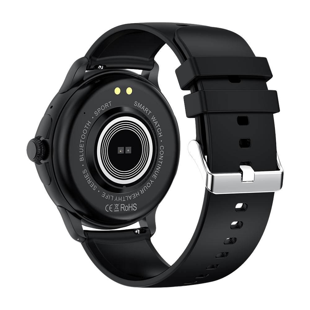 COLMI V72 Smartwatch met slank AMOLED-display, fitnessfuncties, IP68 waterdicht en zwarte achterkant.