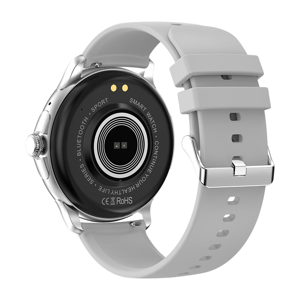 COLMI V72 Smartwatch met slank AMOLED-display, fitnessfuncties, IP68 waterdicht en zilverkleurige achterkant.