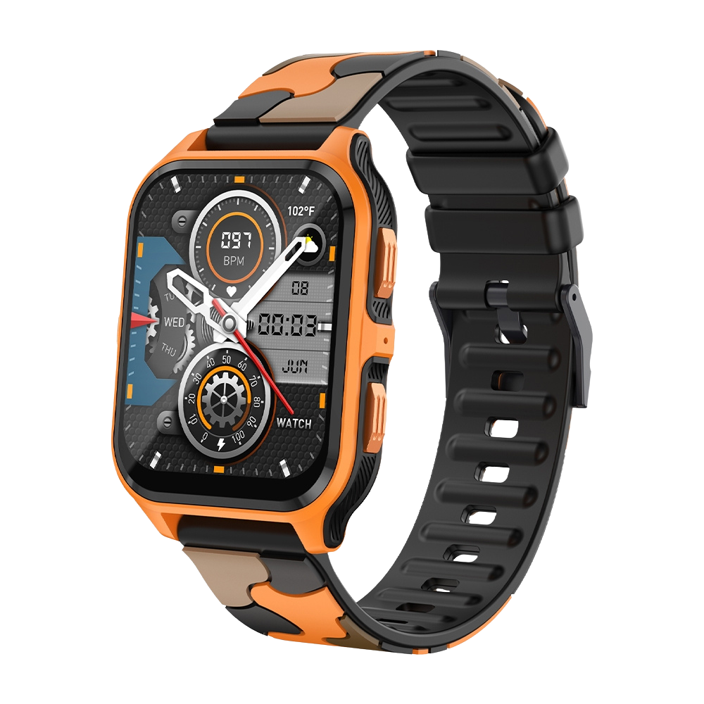 COLMI P73 Smartwatch met 1,9 inch display, geschikt voor buitengebruik en IP68 waterdichtheid, oranje/zwart camouflagepatroon