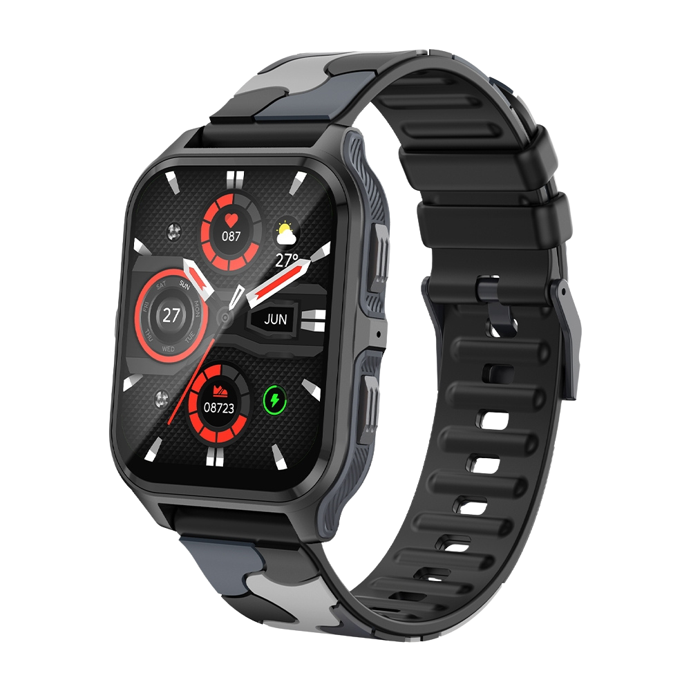 COLMI P73 Smartwatch met 1,9 inch display, geschikt voor buitengebruik en IP68 waterdichtheid, zwarte camouflagekleur.