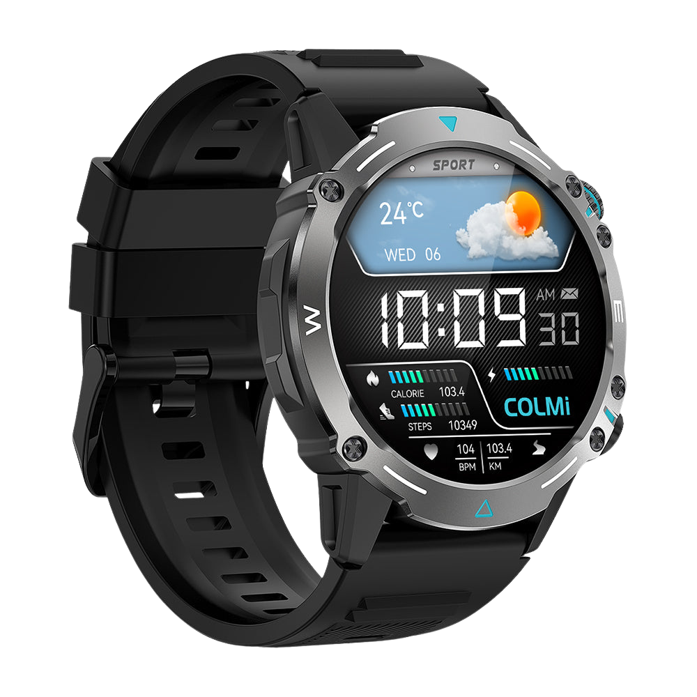 De zwarte Colmi M42 smartwatch, van links gezien, benadrukt het slanke ontwerp, de meer dan 100 sportmodi en de batterijduur van 10 dagen.