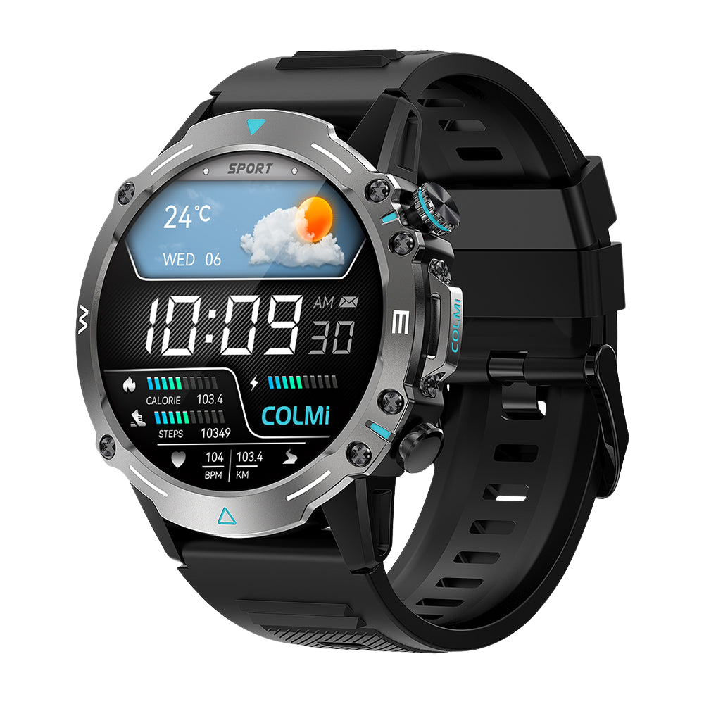 De zwarte Colmi M42 smartwatch, rechts afgebeeld, benadrukt het slanke ontwerp, de meer dan 100 sportmodi en de batterijduur van 10 dagen.