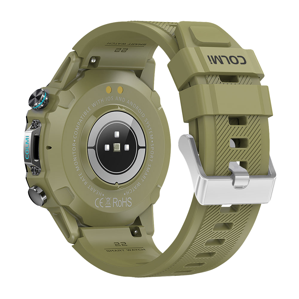 De groene Colmi M42 smartwatch, van achteren gezien, met een slank ontwerp, meer dan 100 sportmodi en een batterijduur van 10 dagen.