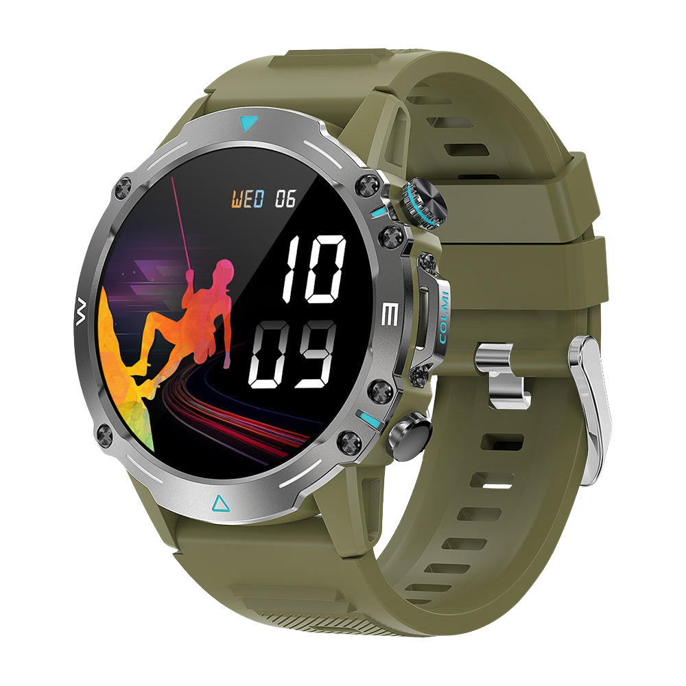 De groene Colmi M42 smartwatch, rechts afgebeeld, benadrukt het slanke ontwerp, de meer dan 100 sportmodi en de batterijduur van 10 dagen.