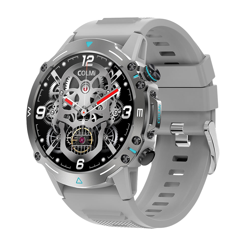 De zilverkleurige Colmi M42 smartwatch, rechts afgebeeld, benadrukt het slanke ontwerp, de meer dan 100 sportmodi en de batterijduur van 10 dagen.
