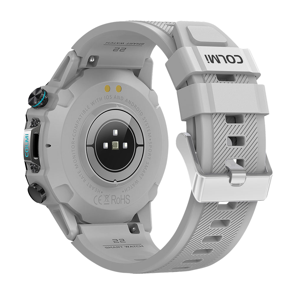 De zilverkleurige Colmi M42 smartwatch, van achteren gezien, met een slank ontwerp, meer dan 100 sportmodi en een batterijduur van 10 dagen.