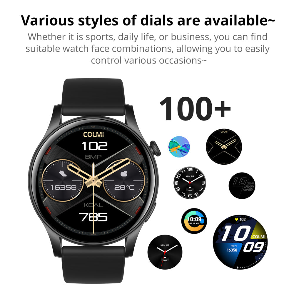 Colmi smartwatch met groot AMOLED-scherm en meerdere functies.