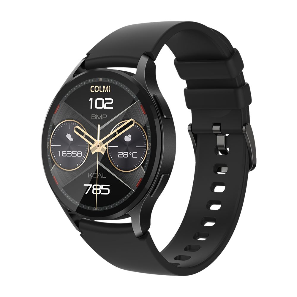 Zwarte Colmi i28 Ultra smartwatch met rond display, geavanceerde sensoren voor gezondheidsmonitoring, een batterijduur van 10 dagen en een IP68 waterdichtheidscertificering.