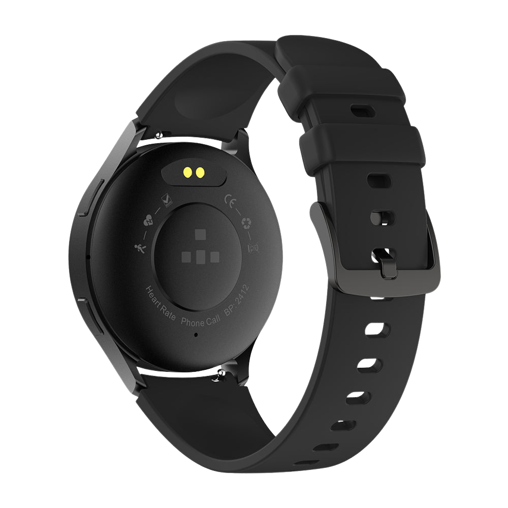 Een zwarte Colmi i28 Ultra smartwatch, van achteren gezien, waarbij de sensoren aan de achterzijde voor geavanceerde gezondheidsmonitoring, de magnetische oplaadpinnen en de IP68 waterdichtheid zichtbaar zijn tegen een donkere achtergrond.