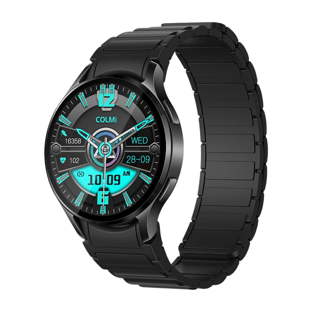 Zwarte Colmi i28 Ultra smartwatch met magnetische band, rond display, geavanceerde sensoren voor gezondheidsmonitoring, een batterijduur van 10 dagen en een IP68 waterdichtheidscertificering.