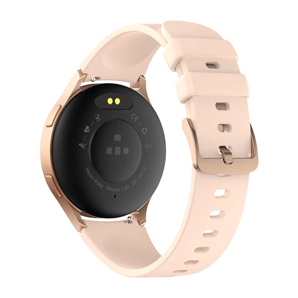 De gouden Colmi i28 Ultra smartwatch, gezien vanaf de achterkant, is voorzien van gezondheidssensoren aan de achterzijde, magnetische oplaadcontacten en een IP68 waterdichtheidscertificering.