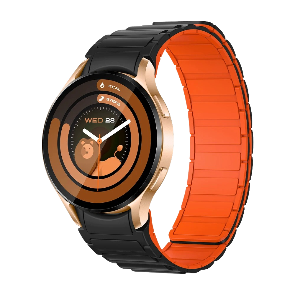 De gouden Colmi i28 Ultra smartwatch met magnetische band heeft een rond display, geavanceerde sensoren voor het bijhouden van de gezondheid, een batterijduur van 10 dagen en een IP68 waterdichtheidscertificering.