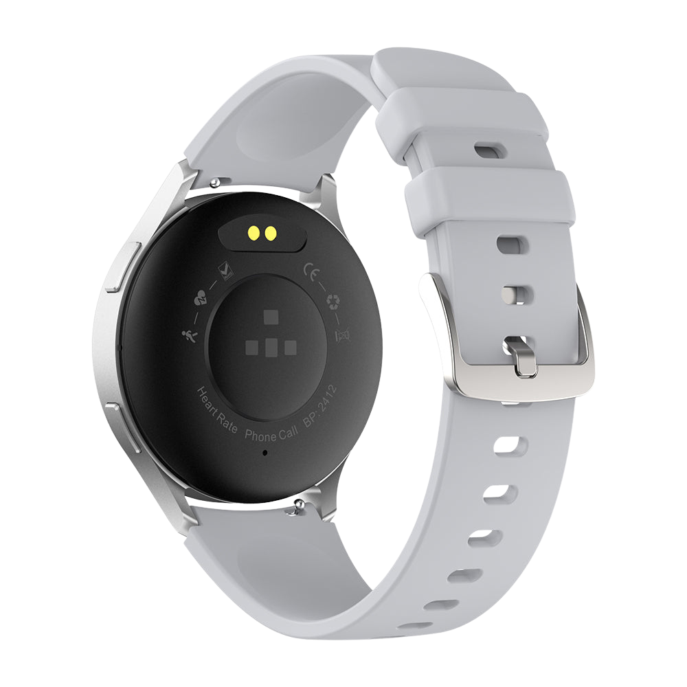 Een zilverkleurige Colmi i28 Ultra smartwatch, van achteren gezien, met de sensorarray aan de achterzijde voor geavanceerde gezondheidsmonitoring, magnetische oplaadcontacten en een IP68 waterdichte constructie, op een neutrale achtergrond.