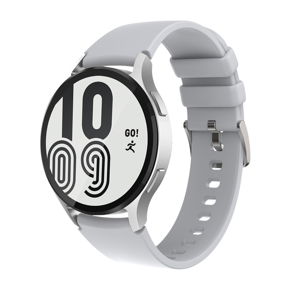 Een zilverkleurige Colmi i28 Ultra smartwatch, getoond om een ​​pols, met zijn ronde wijzerplaat, geavanceerde functies voor het bijhouden van de gezondheid, batterij-indicator voor 10 dagen en IP68 waterdichtheid.